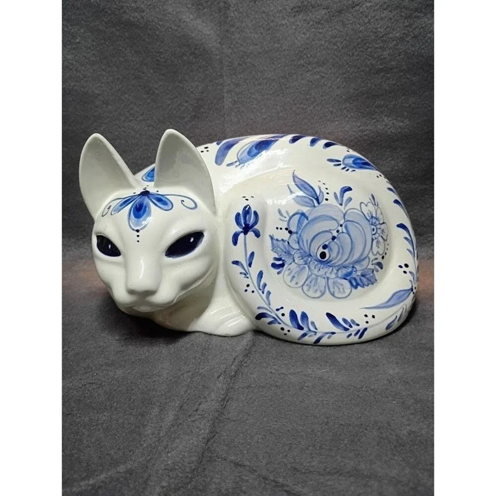 Vintage Cobalt Blue & White Flowers Laying On side Hand-Painted Cat By Alice